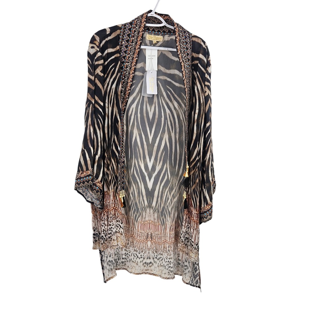 True Colours La Moda Kimono Shawl Cover Up Animal Print Silk Rhinestone OS NWT